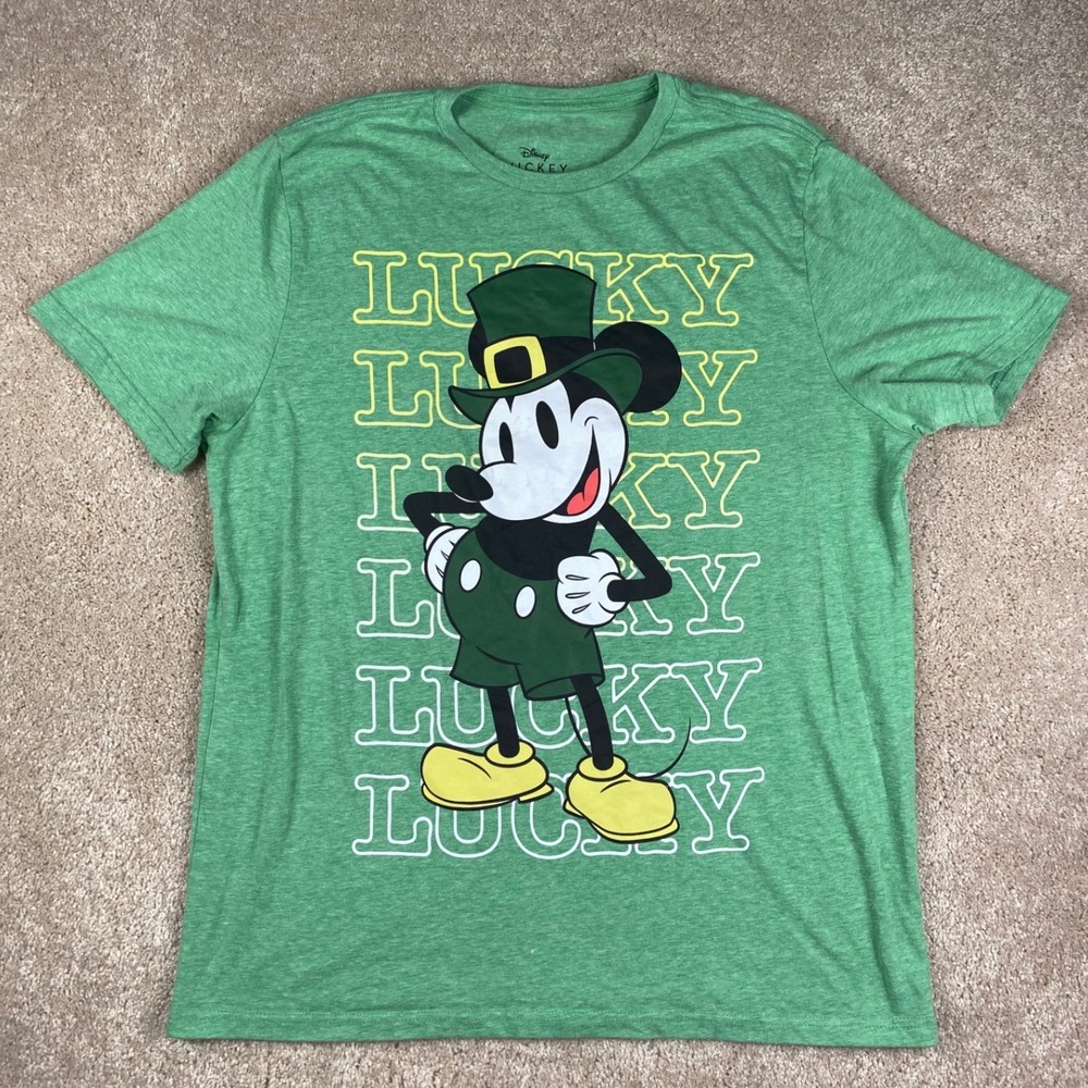 Disney Mickey Mouse Lucky St Patricks Day Green Heather T-Shirt Mens Large